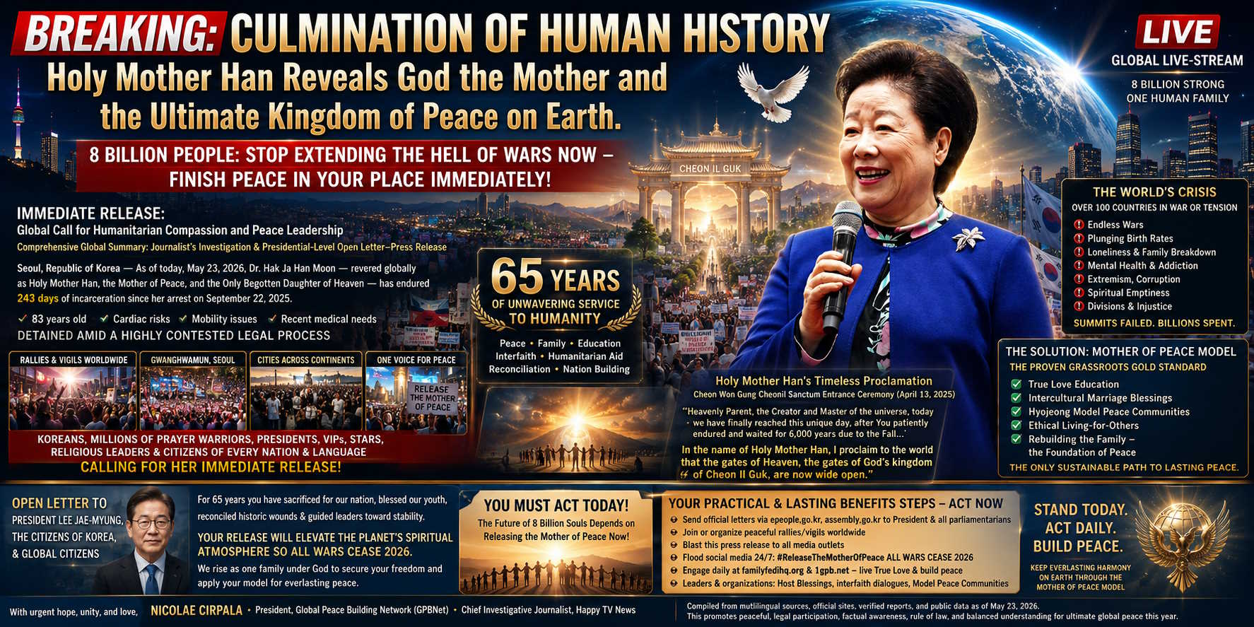BREAKING: CULMINATION OF HUMAN HISTORY – Holy Mother Han Reveals God the Mother and the Ultimate Kingdom of Peace on Earth. 8 Billion People: Stop Extending the Hell of Wars Now – Finish Peace in Your Place Immediately!